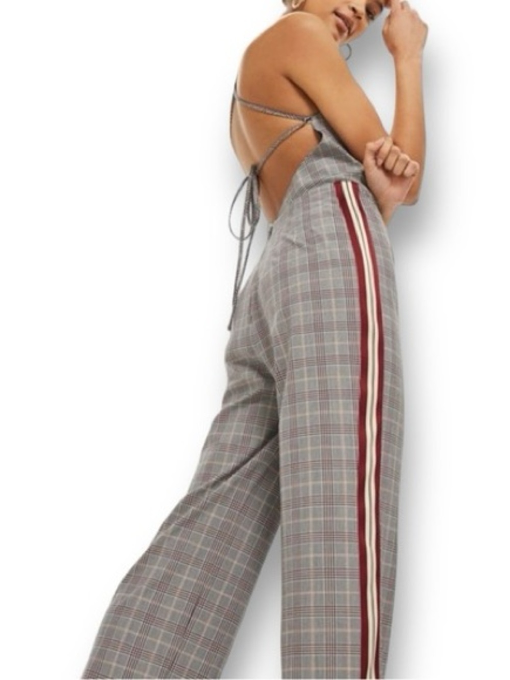 Plaid Wide-Leg Jumpsuit with Side Stripe - Gray